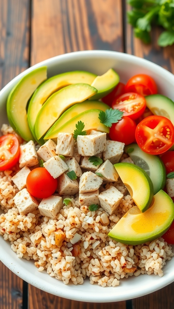 A colorful tuna quinoa bowl with quinoa, tuna, cherry tomatoes, cucumber, and avocado, garnished with herbs.